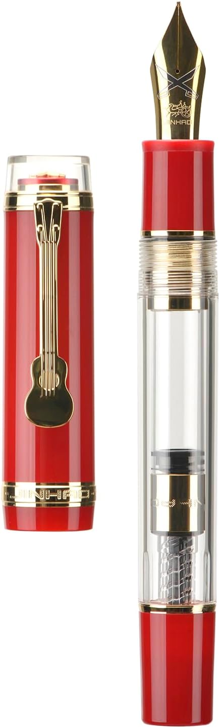 Jinhao 1935 Tiandao Series Fountain Pen, Size 8 Fine Nib Palace Red & Transparent Acrylic with Guitar Clip and Large Capacity Converter