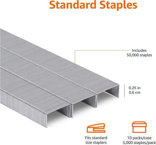 Amazon Basics Standard Stapler Staples, 1/4" Length, 50000 Count, 10-Pack of 5000, Silver