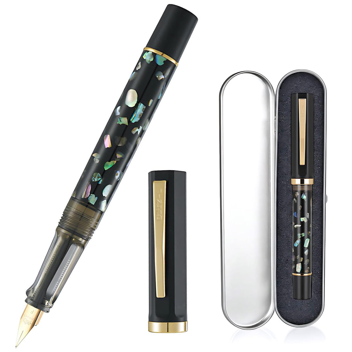 Jinhao 58 Fountain Pen - Natural Sea Shell Inlay Fine Nib Writing Pen with 3.4mm Ink Converter & Silver Metal Gift Box,Matte Black