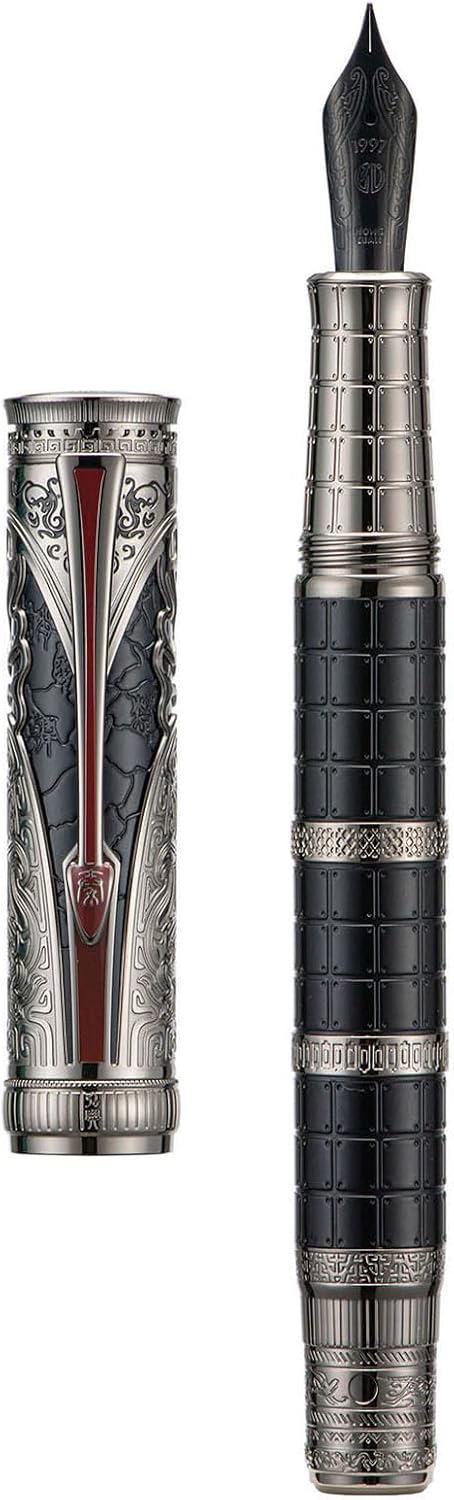 Hongdian D5X Fountain Pen Black Fine Nib, Qin Dynasty Retro Chinese Totem Engraving with Converter and Pen Box Set