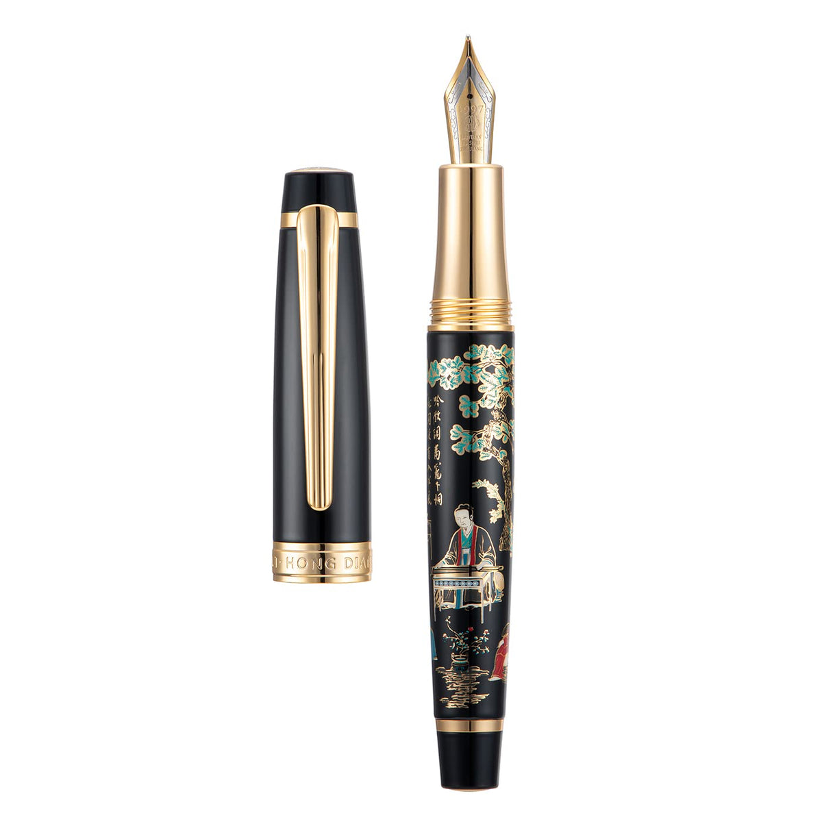 HONG DIAN 8037 Chinese Classical Fountain Pen, Iridum Extra Fine Gold Nib with Chinese Deer Totem Design, Smooth Writing Pen with Ink Converter and Metal Pen Box Set