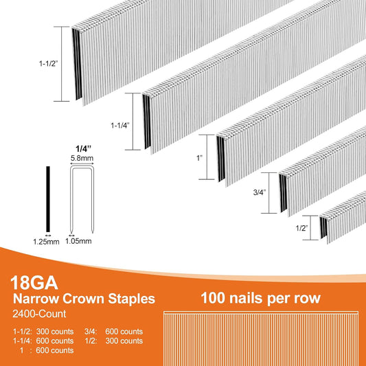 PINOZE 4200-Count 18 Gauge 1/4" Narrow Crown Staples (1-1/2" 1-1/4" 1" 3/4" 1/2") & 18GA Brad Nails (2" 1" 5/8"), Heavy Duty Galvanized Upholstery Staple for Pneumatic/Electric Stapler Gun/Brad Nailer