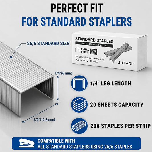 50,000 Standard 26/6 Staples (1/4 Inch), Anti-Jam Chisel Point, 210 per Strip, Bulk Office Staples Refill, 10 Boxes of 5,000, Rust-Resistant Steel, Fits Standard Staplers, 2–20 Sheet Capacity