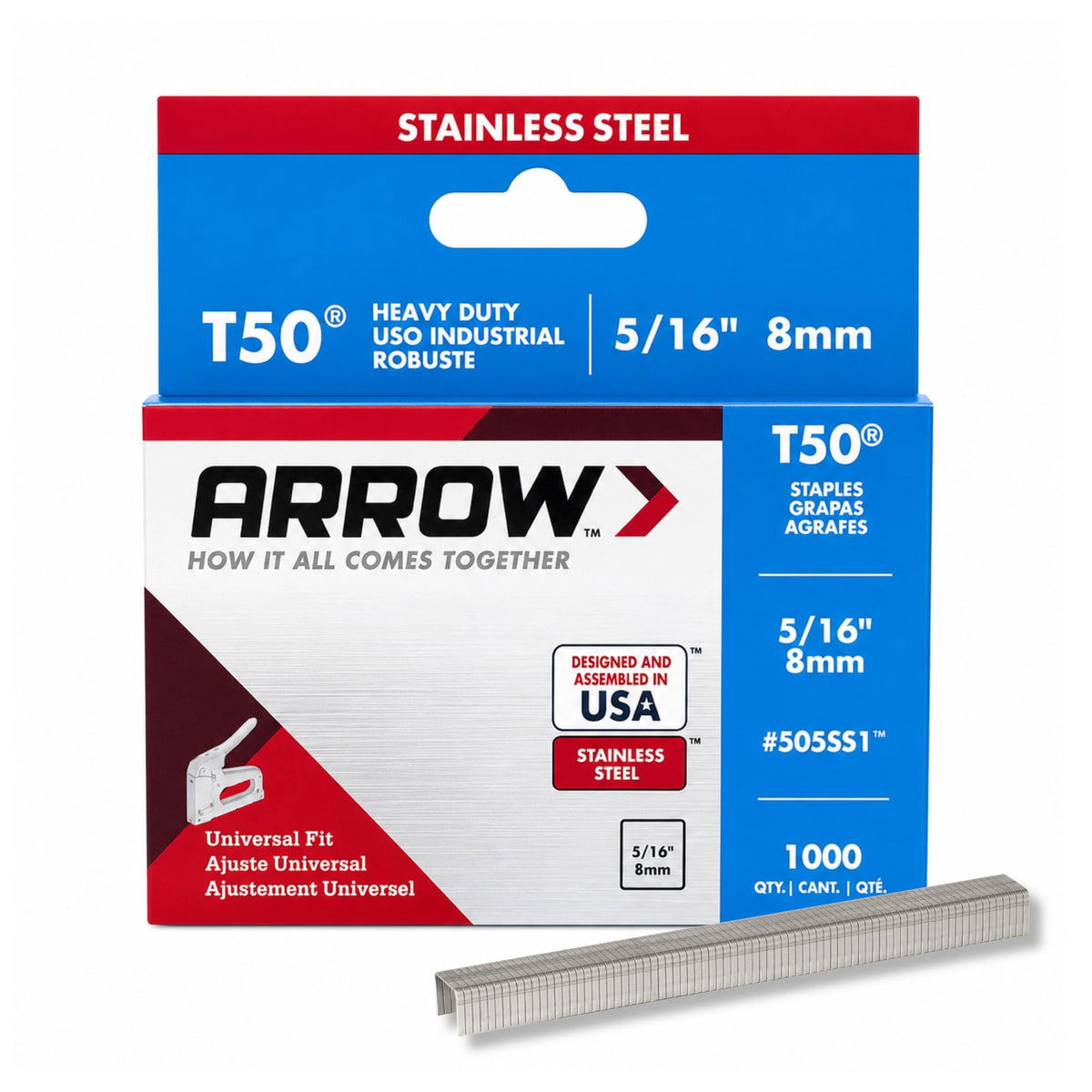Arrow Fastener 506SS1 Heavy Duty T50 Stainless Steel Staples for Upholstery, Construction, Furniture, Crafts, 3/8-Inch Leg 3/8-Inch Crown Size,Length, 1000 Count (Pack of 1)
