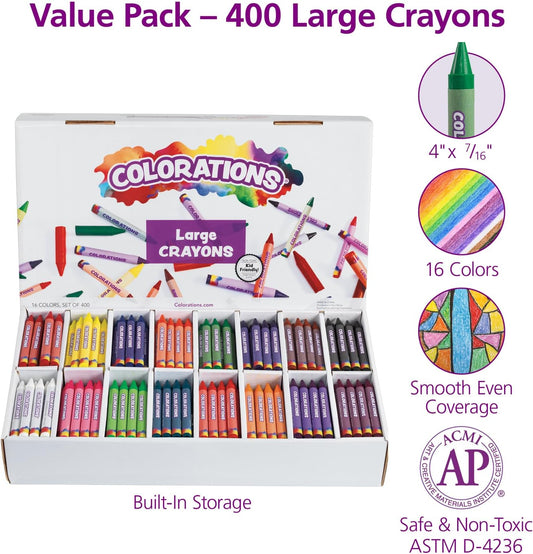 Colorations Large Crayon Classroom Pack, 400 Count, 16 Colors, Non-Toxic