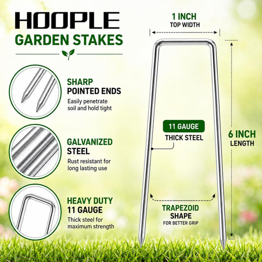 HOOPLE 200Pack 6 Inch 11 Gauge Galvanized Landscape Staples,Stakes for Outdoor Decorations, Anti-Rust Staples for Weed Barrier Fabric, U-Shaped Tent Stakes (200)