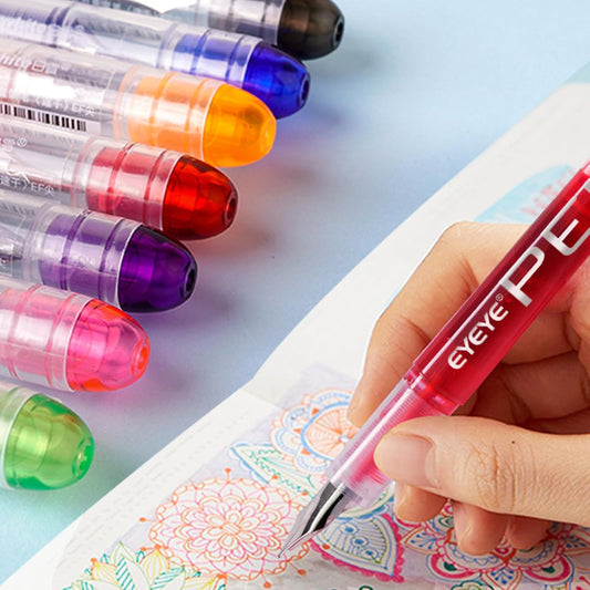 EYEYE Fountain Pens for Writing, 9 Pack Assorted Colors Disposable Fountain Pens Stainless Steel Nib, Clear Barrel, Fine Point Smooth Writing for Calligraphy, Journaling, Office & School Supplies