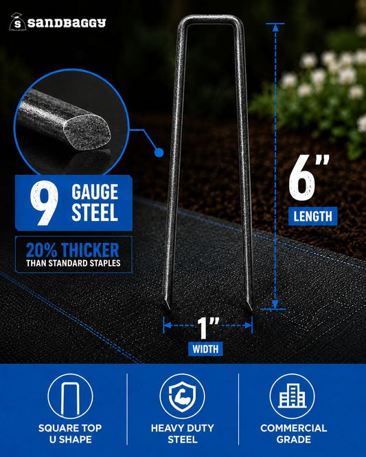 Sandbaggy 6 inch Landscape Sod Staples (9 Gauge Steel) ~ Great for Hard Soil - 20% Thicker Than Competition - Trusted by Farmers & Contractors Across USA (200 Staples)