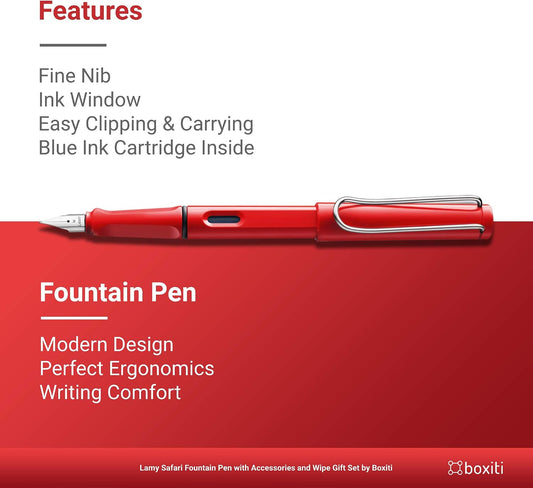 Lamy Safari | Red | Fine Nib | 5 Black Ink Cartridges, Z28 Converter and Wipe