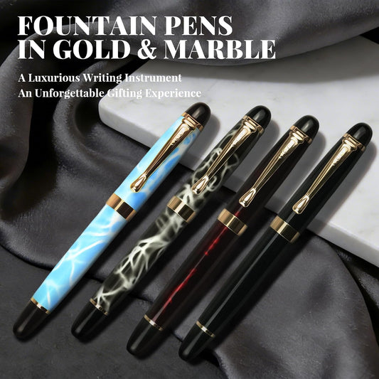 YUNCHUN Marble Fountain Pen for Writing, Refillable Luxury Metal Pens with Ink Pen with 10 Black and 10 Blue Ink Refills, Business Writing Fountain Pen for Men and Women, Marble Black