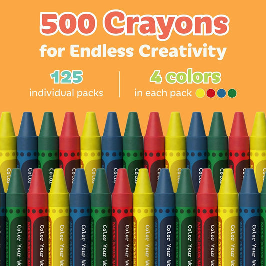 Kidaddle Crayons Bulk Pack, Regular Size, 4 Colors, 125 Packs, Color Crayon Packs for School, Teachers & Classroom Supplies, Restaurant Crayons, 500 Count