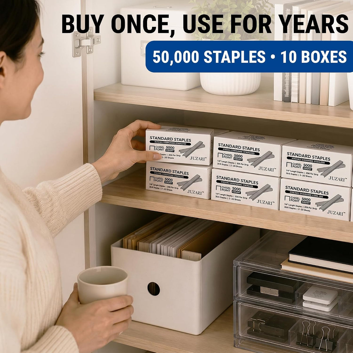 50,000 Standard 26/6 Staples (1/4 Inch), Anti-Jam Chisel Point, 210 per Strip, Bulk Office Staples Refill, 10 Boxes of 5,000, Rust-Resistant Steel, Fits Standard Staplers, 2–20 Sheet Capacity