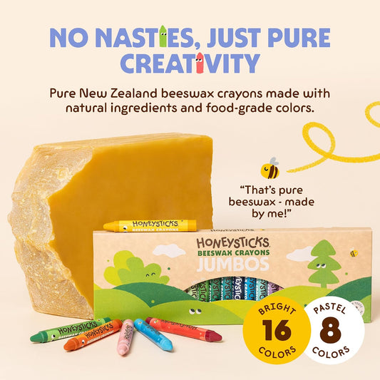 Honeysticks Jumbo Crayons (24 Pack) - Non Toxic Crayons, 100% Pure Beeswax