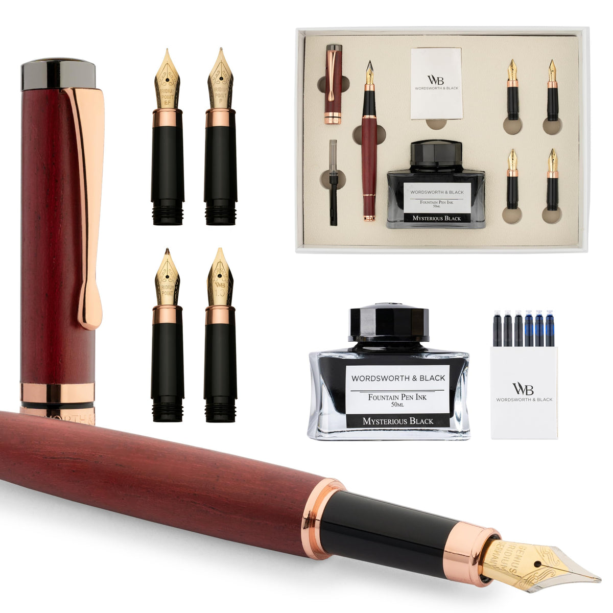 Wordsworth & Black Luxury Bamboo Black Fountain Pen Set, 4 Nibs