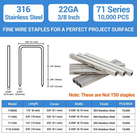 meite 71/10 22 Gauge 71 Series 316 Stainless Steel Upholstery Staples, 3/8-Inch (9.1 mm) Crown 3/8-Inch Length for Fine Wire Stapler Gun and Marine Upholstery (10,000 Counts)