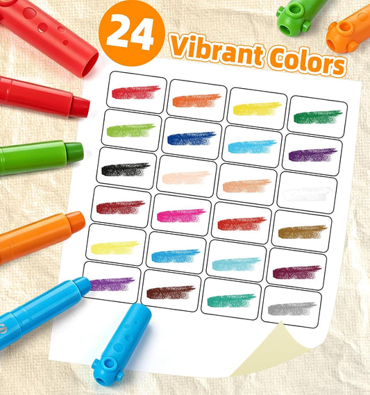 24 Colors Silky Twistable Crayons with Interlocking Caps, Washable Crayons