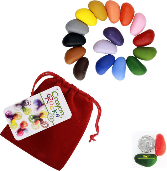 Crayon Rocks, Crayons in a Rock Shape, 16 Count, Tripod Grip Made For Handwriting Development in Kids and Toddlers, Fun & Educational, Creative Activity, Comes in a Red Velvet Bag - 16 Colors