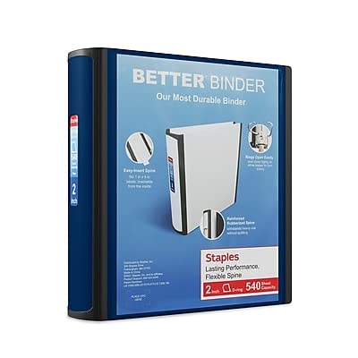 Staples Better Binder, 3 Inch D-Ring, Blue, Reinforced Rubber Spine