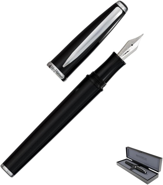 Monteverde USA Aldo Domani Fountain Pen Black – Medium Nib – Free Ink Bottle, Converter & Cartridges – Smooth JoWo German Nib – Elegant Gift Pen in Box