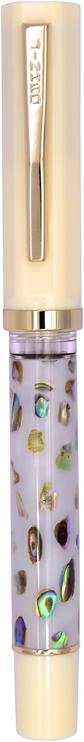 XIAOYU Retro Jinhao 58 Fountain Pen, Unique Sea Shell Inlay Design, Gold Trim with Ink Converter, Iridium Extra Fine Nib(0.38mm), Ivory White(White Shell)