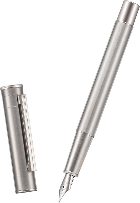 HONG DIAN Forest Pro Silver Stainless Steel Fountain Pen, Extra Fine Nib Classic Design Smooth Writing Pen with Converter and Metal Pen Case Set