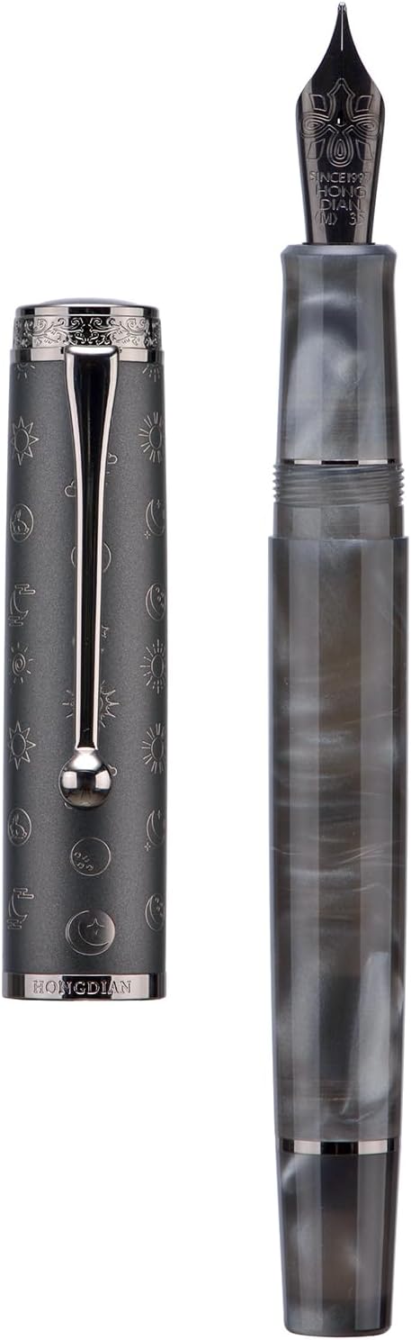 Hongdian N8S Gray Resin Fountain Pen Rabbit Pattern Cap, Iridium Extra Nib with Converter and Metal Pen Case Set