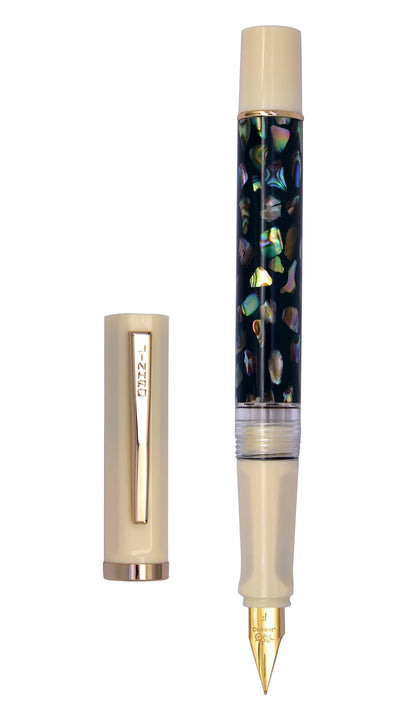XIAOYU Retro Jinhao 58 Fountain Pen, Unique Sea Shell Inlay Design, Gold Trim with Ink Converter, Iridium Extra Fine Nib(0.38mm), Ivory White(White Shell)