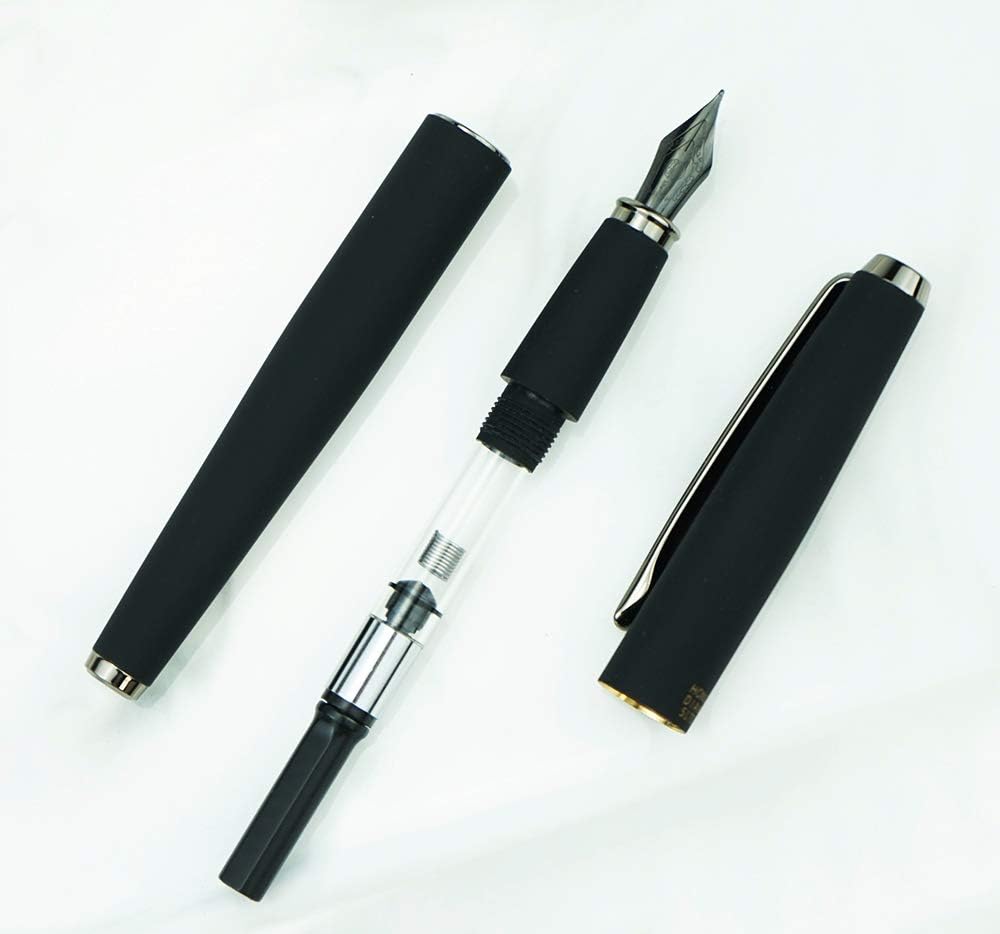 Hongdian 517D Matte Black Fountain Pen Stell Fine Point, Warrior Series, Classic Design with Converter and Metal Case