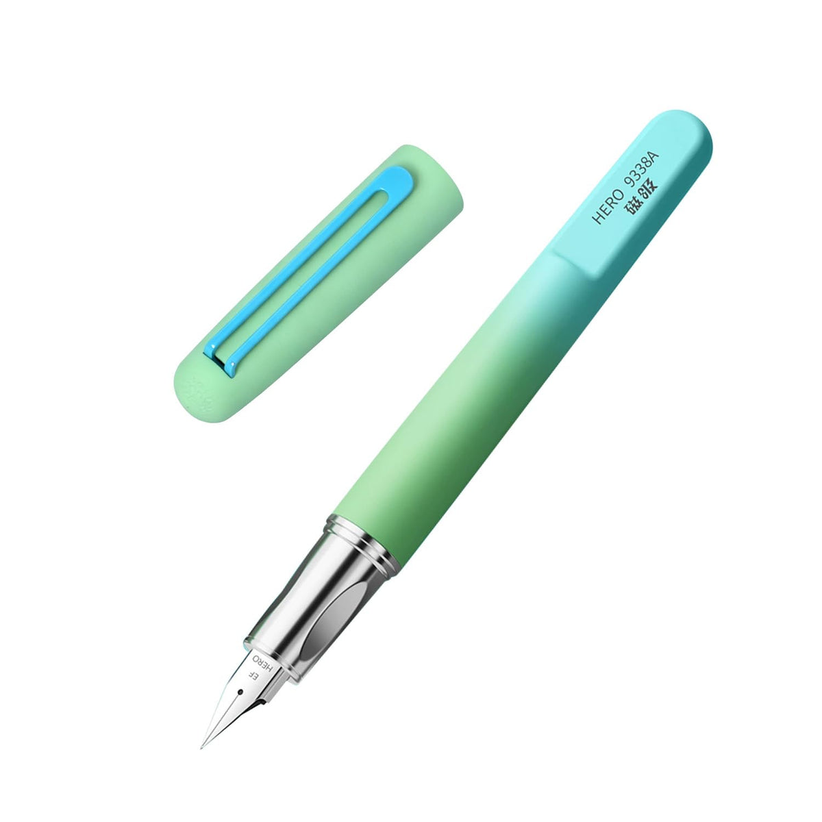 HERO 9338A Student Fountain Pen with Magnetic Cap, 0.38mm Extra Fine Iridium Nib, Gradient White Green Finish, Beginner Pen for School & Present Gift, Smooth Writing for Journaling & Calligraphy