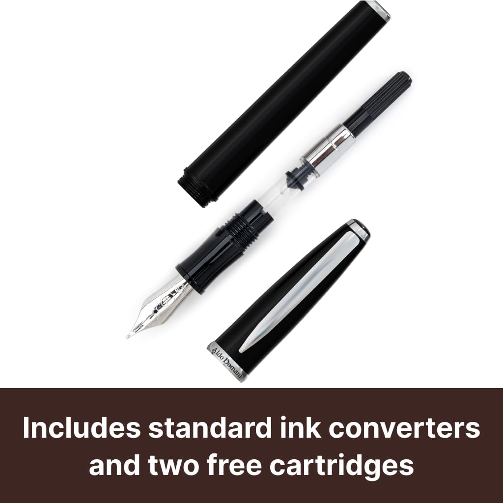 Monteverde USA Aldo Domani Fountain Pen Black – Medium Nib – Free Ink Bottle, Converter & Cartridges – Smooth JoWo German Nib – Elegant Gift Pen in Box