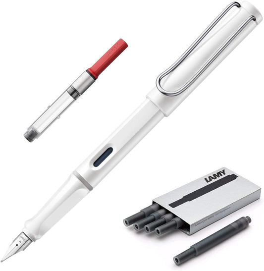 Lamy Safari | White | Fine Nib | 5 Black Ink Cartridges, Z28 Converter and Wipe