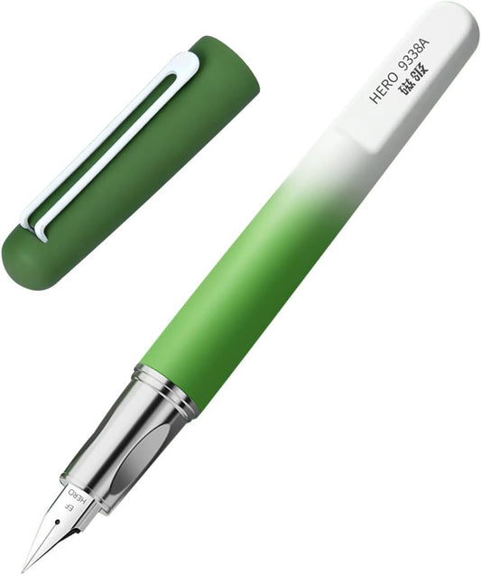 HERO 9338A Student Fountain Pen with Magnetic Cap, 0.38mm Extra Fine Iridium Nib, Gradient White Green Finish, Beginner Pen for School & Present Gift, Smooth Writing for Journaling & Calligraphy