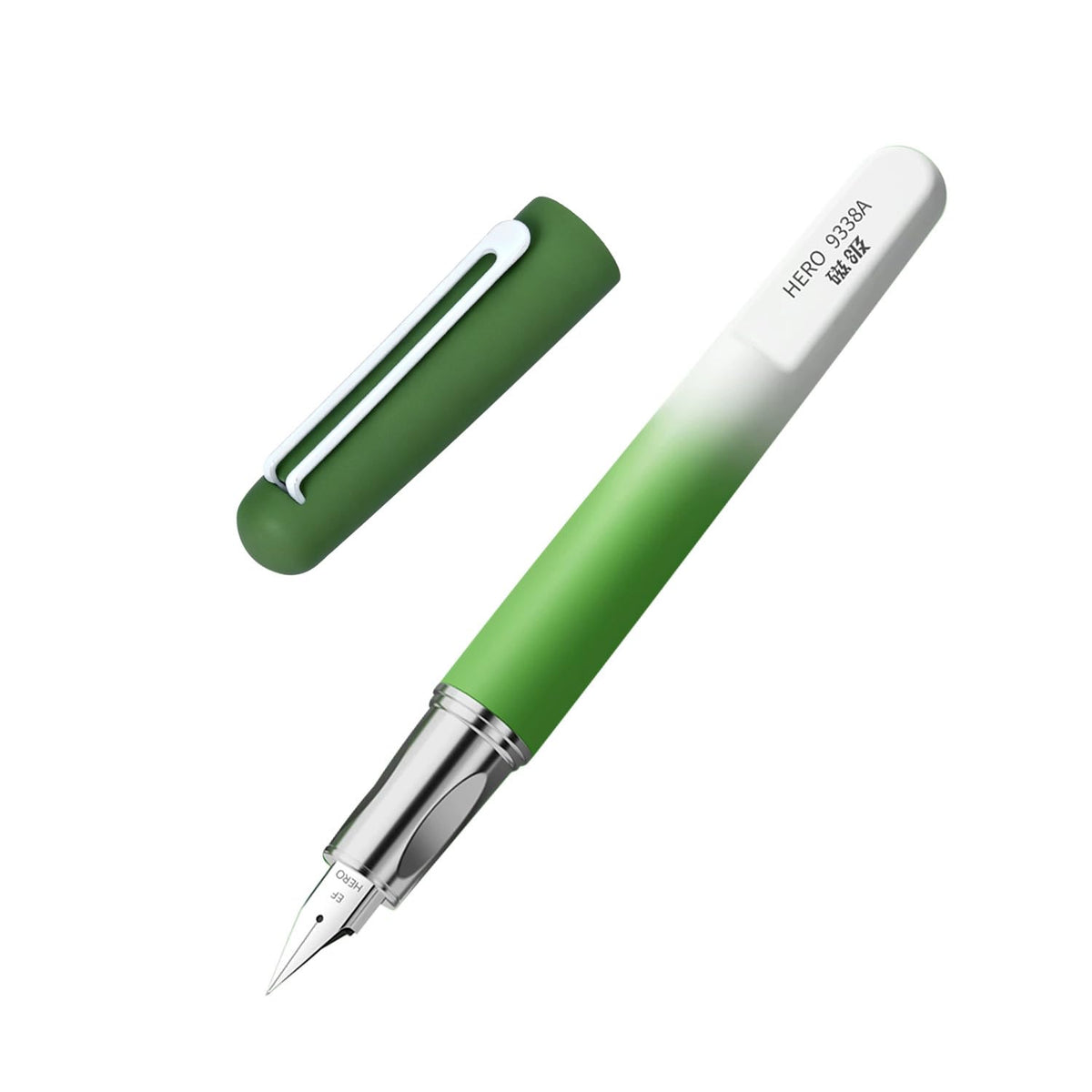 HERO 9338A Student Fountain Pen with Magnetic Cap, 0.38mm Extra Fine Iridium Nib, Gradient White Green Finish, Beginner Pen for School & Present Gift, Smooth Writing for Journaling & Calligraphy
