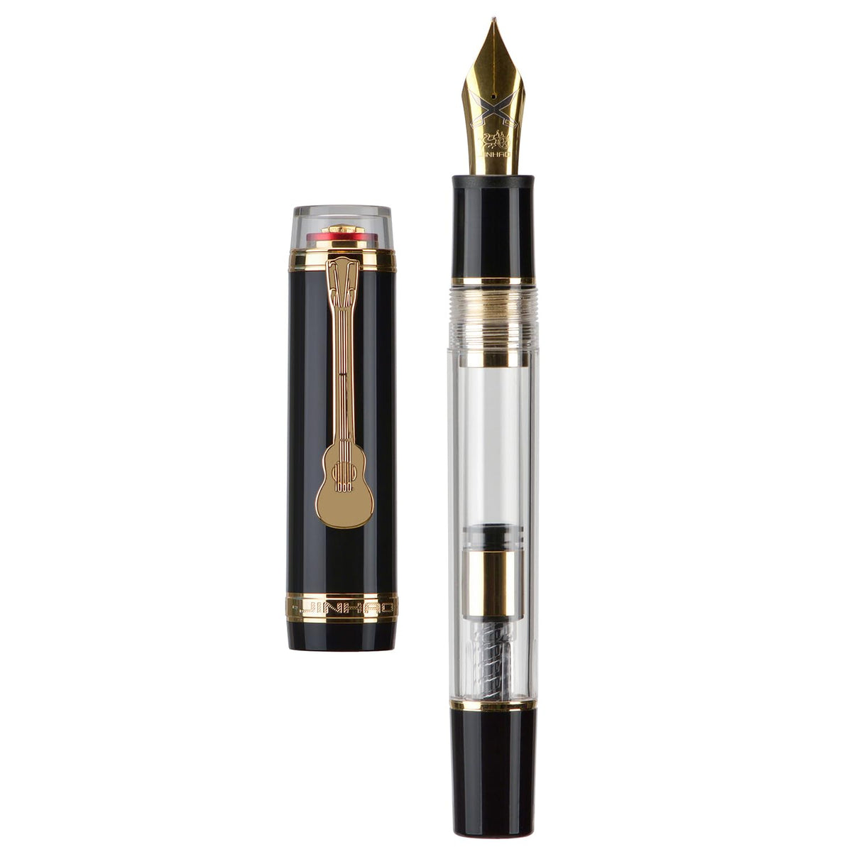 Jinhao 1935 Tiandao Series Fountain Pen, Size 8 Fine Nib Palace Red & Transparent Acrylic with Guitar Clip and Large Capacity Converter