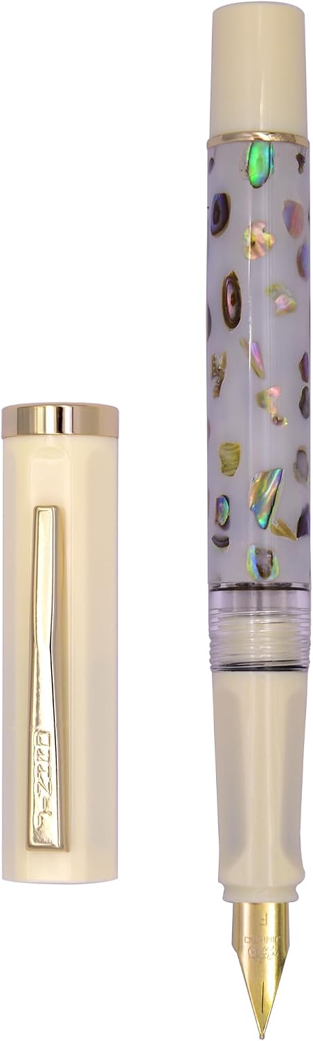 XIAOYU Retro Jinhao 58 Fountain Pen, Unique Sea Shell Inlay Design, Gold Trim with Ink Converter, Iridium Extra Fine Nib(0.38mm), Ivory White(White Shell)