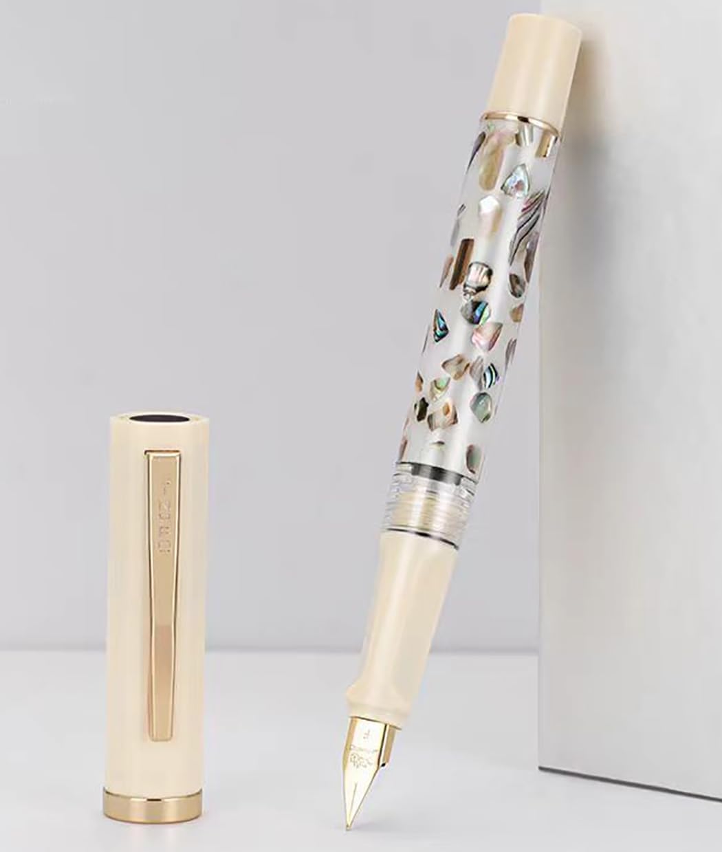 XIAOYU Retro Jinhao 58 Fountain Pen, Unique Sea Shell Inlay Design, Gold Trim with Ink Converter, Iridium Extra Fine Nib(0.38mm), Ivory White(White Shell)
