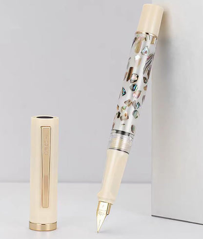 XIAOYU Retro Jinhao 58 Fountain Pen, Unique Sea Shell Inlay Design, Gold Trim with Ink Converter, Iridium Extra Fine Nib(0.38mm), Ivory White(White Shell)