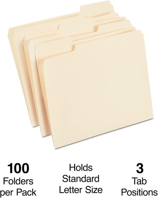 Staples File Folders, Letter Size, 1/3-Cut Tabs, Manila, 100/Pack