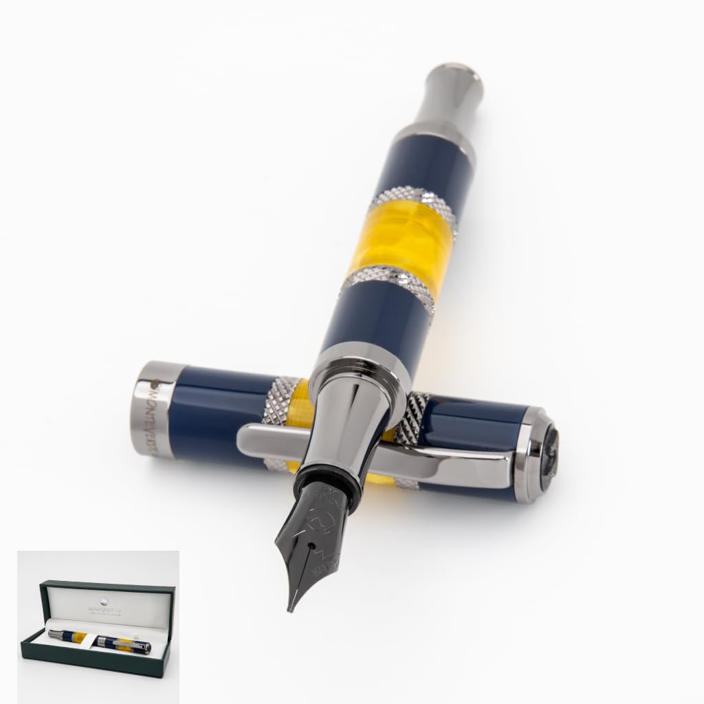 Monteverde USA Regatta Sport Fountain Pen in Blue/Yellow and Carbon Fiber - Flex Nib, Luxury Refillable Pen with Gunmetal Accents, Premium Gift