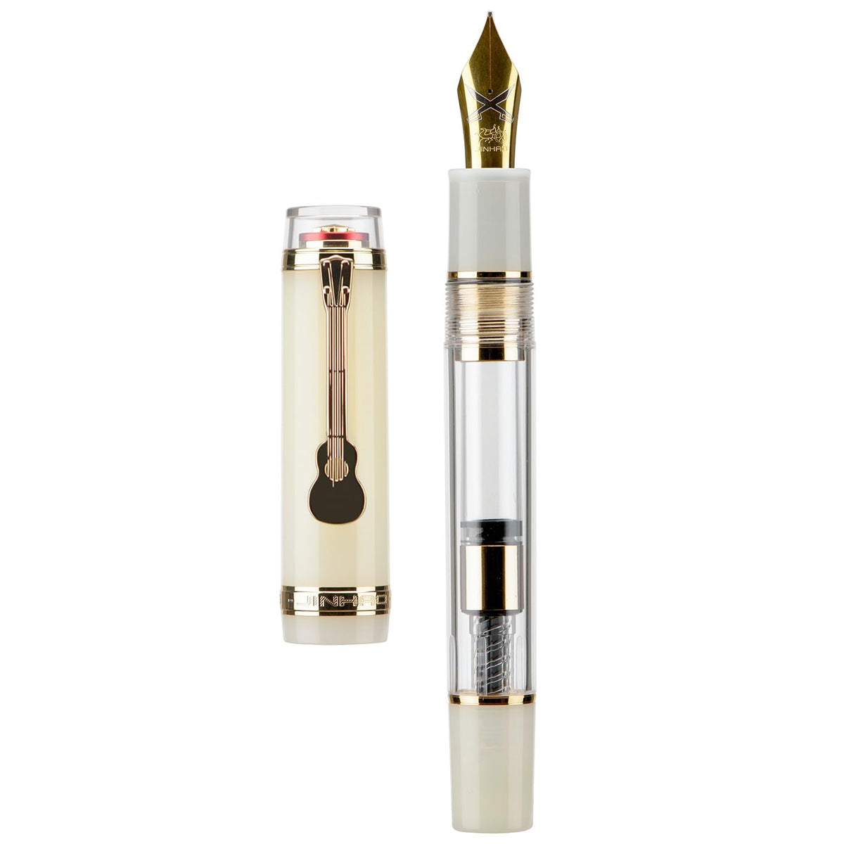 Jinhao 1935 Tiandao Series Fountain Pen, Size 8 Fine Nib Palace Red & Transparent Acrylic with Guitar Clip and Large Capacity Converter
