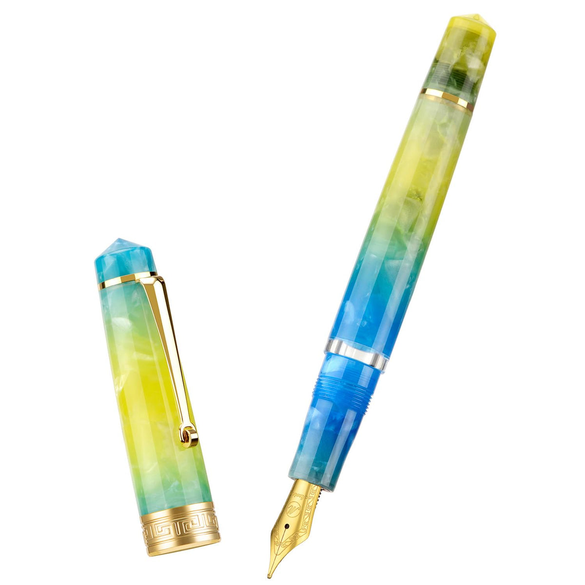 Asvine P20 Piston Fountain Pen Gradual Yellow Resin, Iridium Extra Fine Nib Gold Trim Smooth Writer Collection with Case Set