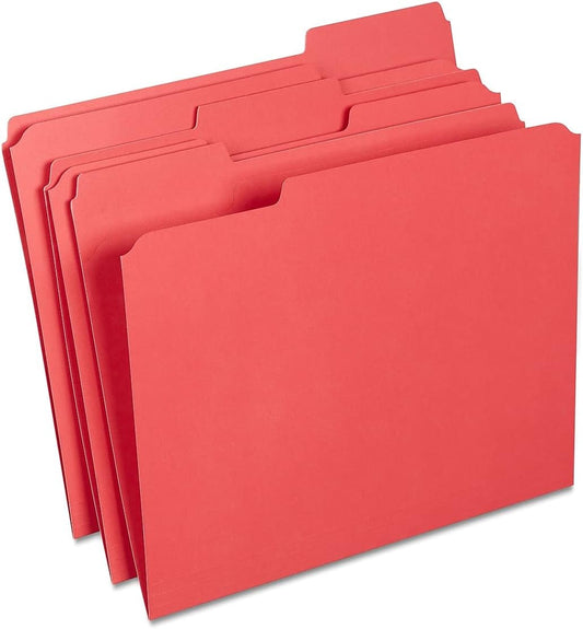 Staples Reinforced Colored File Folders, Letter, 3-Tab, Red, 100/Bx