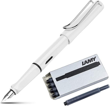 Lamy Safari Fountain Pen (19M) White & 5 Black Ink Cartridges