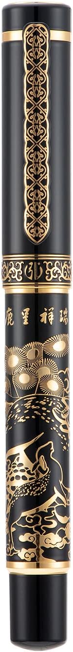 HONG DIAN 8037 Chinese Classical Fountain Pen, Iridum Extra Fine Gold Nib with Chinese Deer Totem Design, Smooth Writing Pen with Ink Converter and Metal Pen Box Set