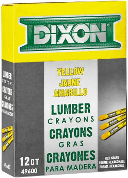 DIXON Industrial Lumber Marking Crayons, 4.5" x 1/2" Hex, Yellow, 12-Pack (X49600)