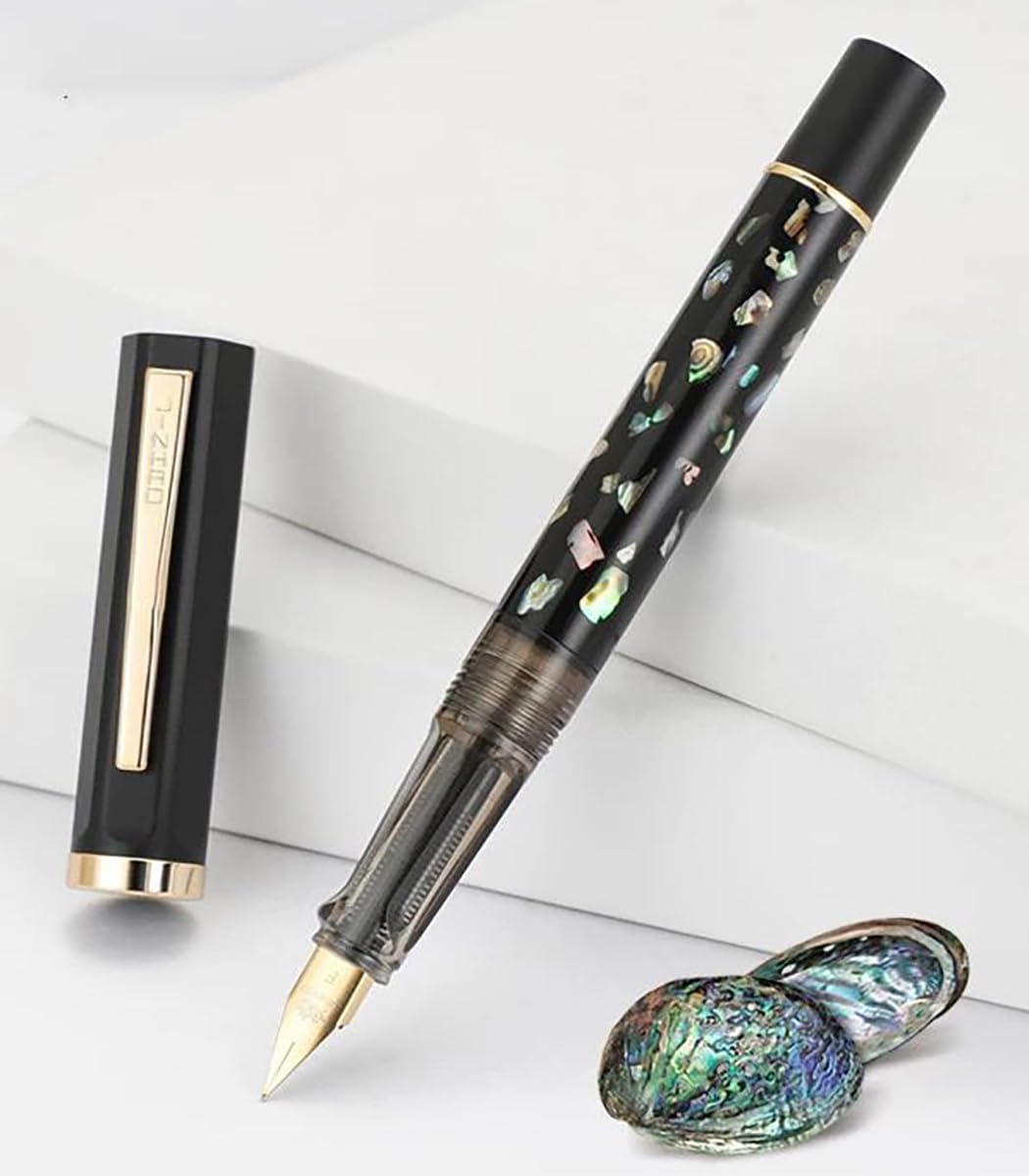 XIAOYU Retro Jinhao 58 Fountain Pen, Unique Sea Shell Inlay Design, Gold Trim with Ink Converter, Iridium Extra Fine Nib(0.38mm), Ivory White(White Shell)