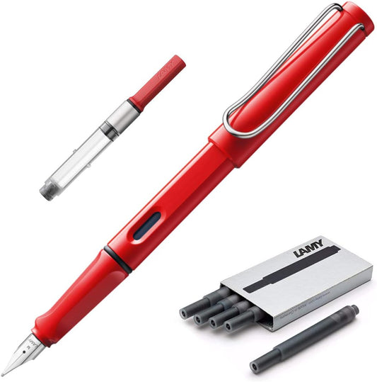 Lamy Safari | Red | Fine Nib | 5 Black Ink Cartridges, Z28 Converter and Wipe