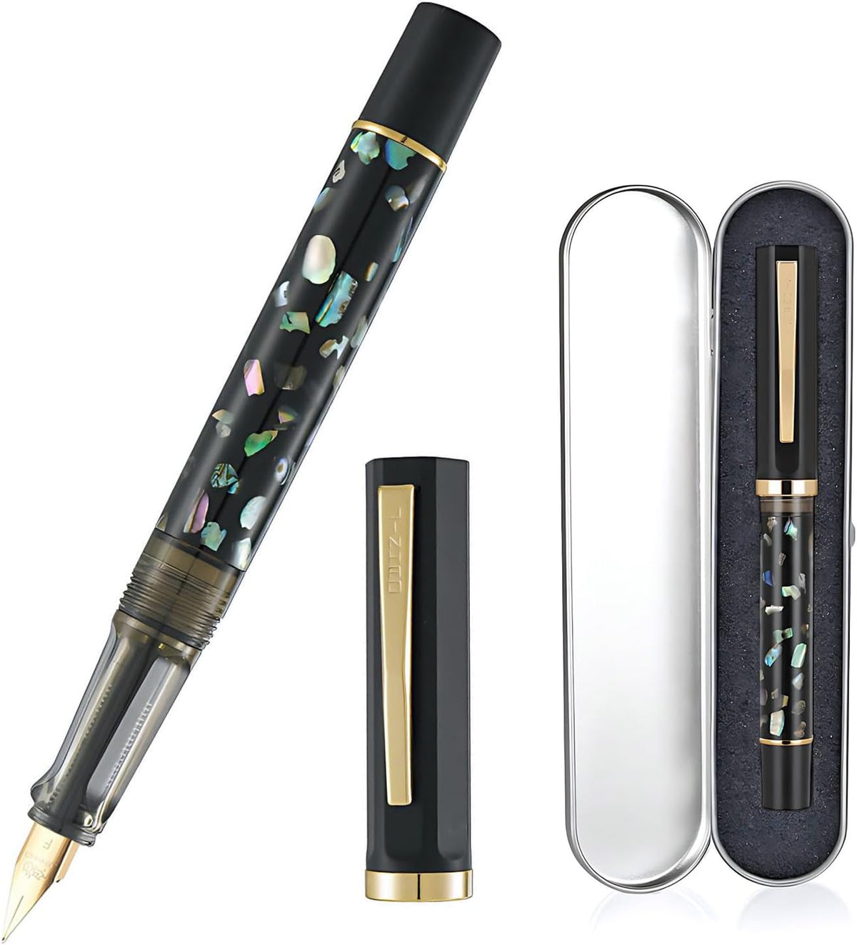 Jinhao 58 Fountain Pen - Natural Sea Shell Inlay Fine Nib Writing Pen with 3.4mm Ink Converter & Silver Metal Gift Box,Matte Black