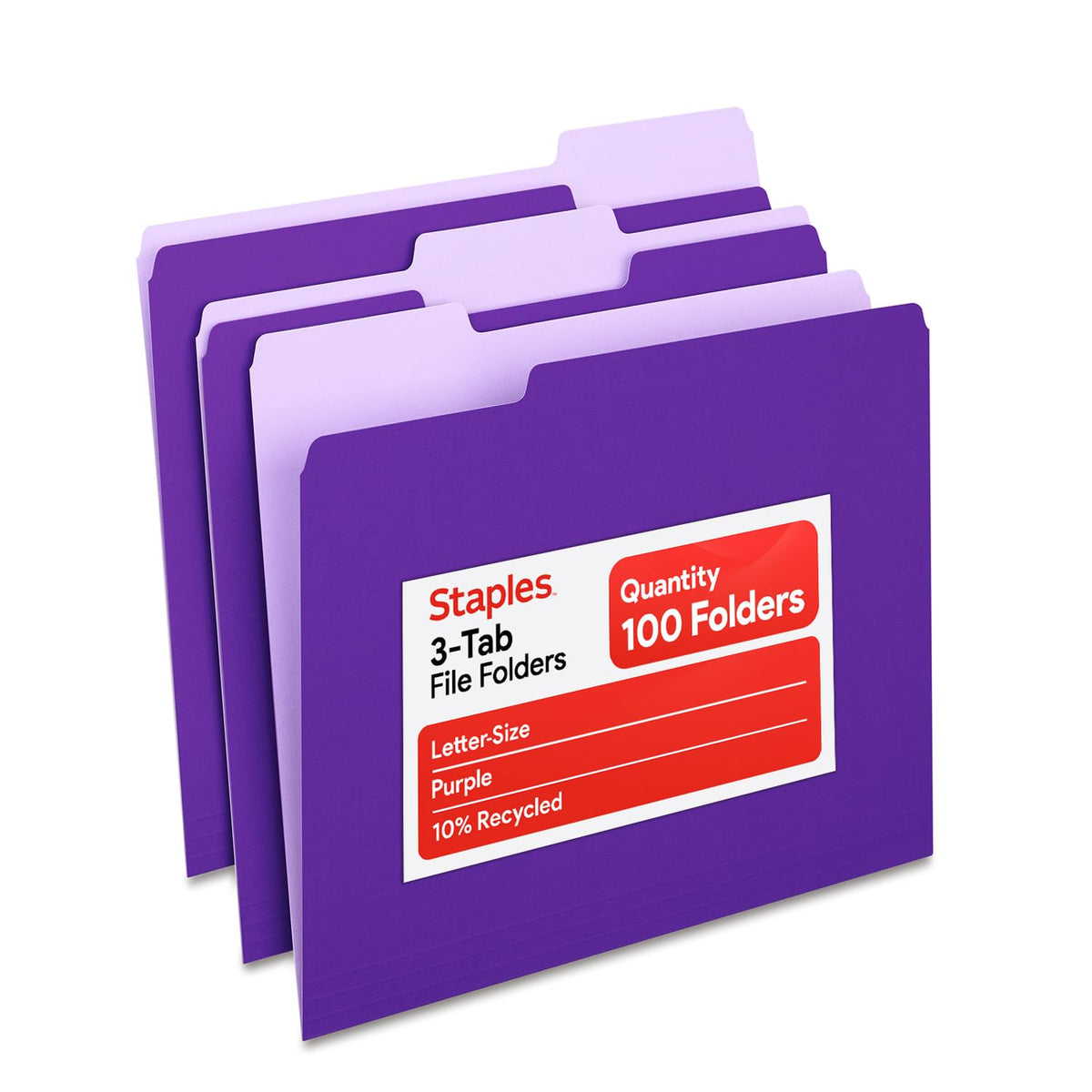 Staples File Folders, Letter Size, 1/3-Cut Tabs, Manila, 100/Pack