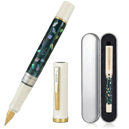 Jinhao 58 Fountain Pen - Natural Sea Shell Inlay Fine Nib Writing Pen with 3.4mm Ink Converter & Silver Metal Gift Box,Matte Black